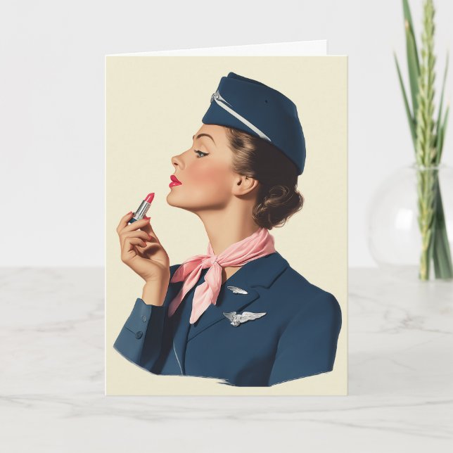 Vintage Flight Attendant Applying Lipstick Card (Front)