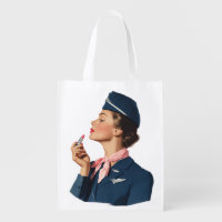 Vintage Flight Attendant Applying Lipstick