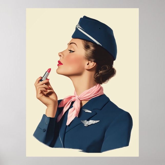Vintage Flight Attendant Applying Lipstick Poster (Front)
