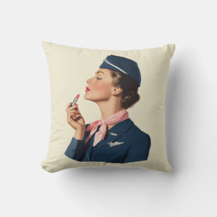 Vintage Flight Attendant Applying Lipstick Throw Pillow
