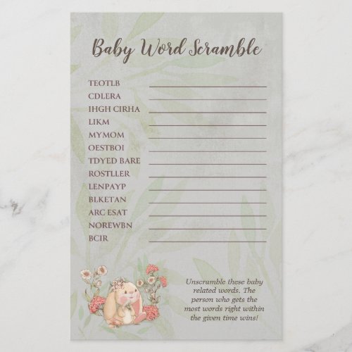 Vintage Floppy Bunny Floral Baby Shower Word game