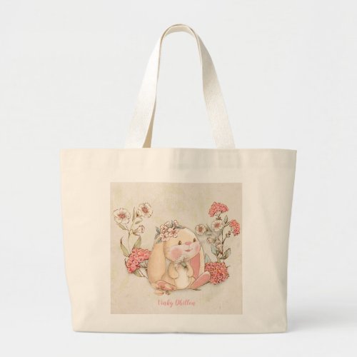 Vintage Floppy Bunny Floral Large Tote Bag