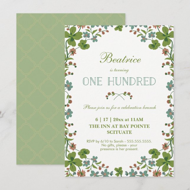 Vintage Floral 100th Birthday Invitation (Front/Back)