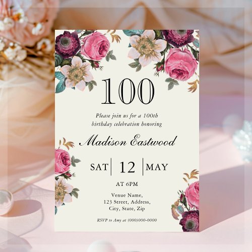 Vintage Floral 100th Birthday Invitation