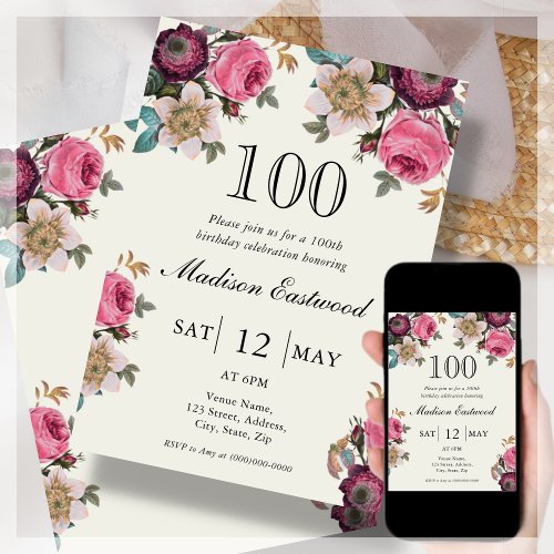 Vintage Floral 100th Birthday Invitation