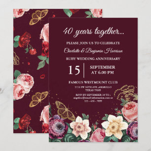 Vintage Floral 40th Ruby Wedding Anniversary Invitation