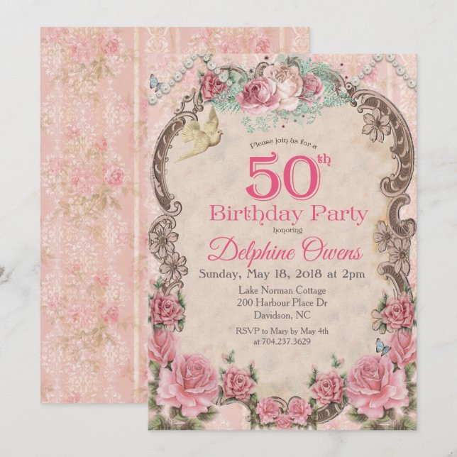 Vintage Floral 50th Birthday Invitation (Front/Back)