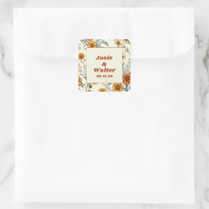 Vintage Floral 70s Retro Personalized Wedding Square Sticker