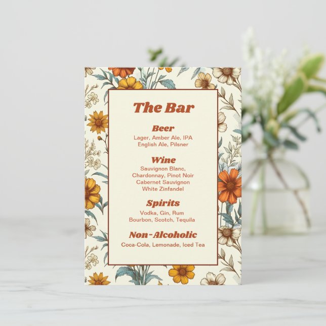 Vintage Floral 70s Timeless Wedding Bar Menu (Standing Front)