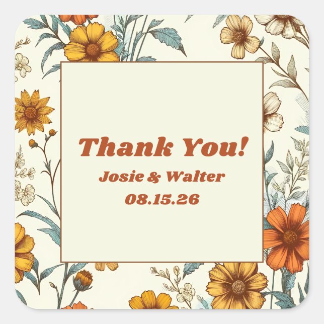 Vintage Floral 70s Timeless Wedding Thank You Square Sticker (Front)