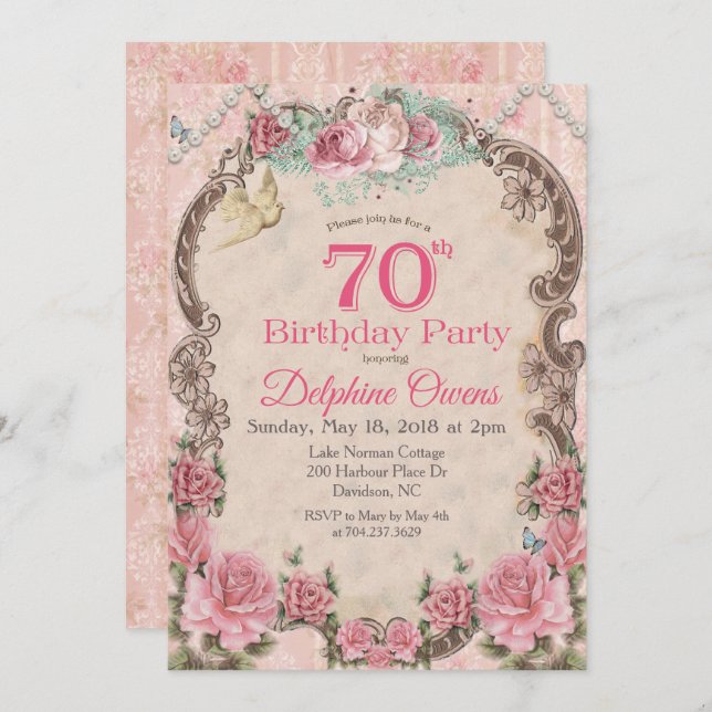 Vintage Floral 70th Birthday Invitation (Front/Back)