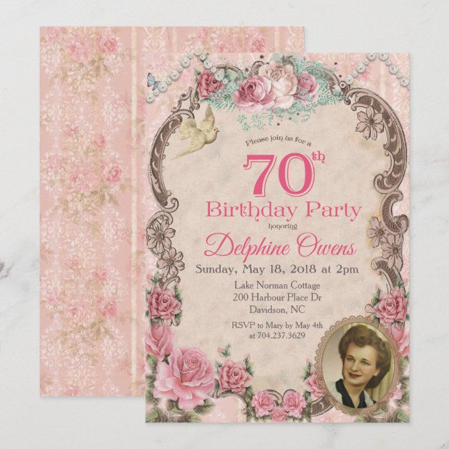 Vintage Floral 70th Birthday Invitation (Front/Back)