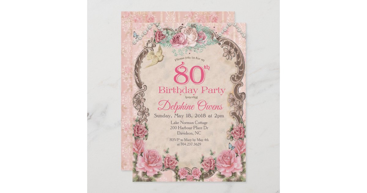 Vintage Floral 80th Birthday Invitation | Zazzle