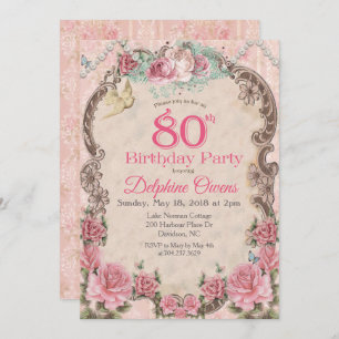Vintage Floral 80th Birthday Invitation