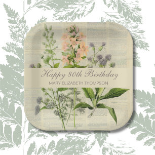 Vintage Floral 80th Birthday Paper Plates