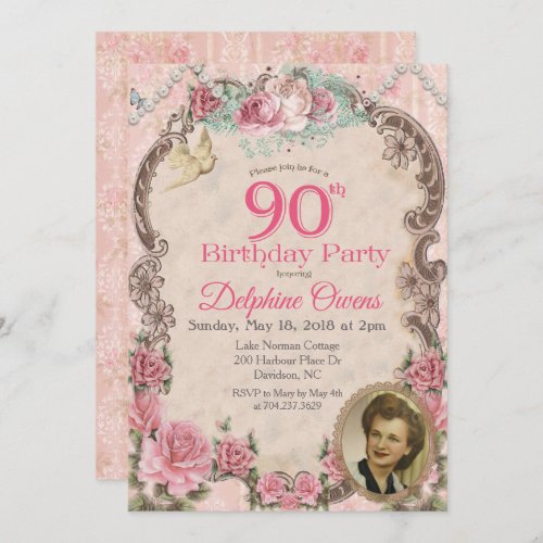 Vintage Floral 90th Birthday Invitation