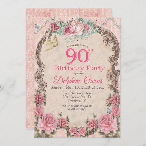 Vintage Floral 90th Birthday Invitation