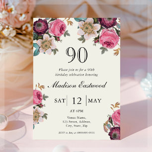 Vintage Floral 90th Birthday Invitation