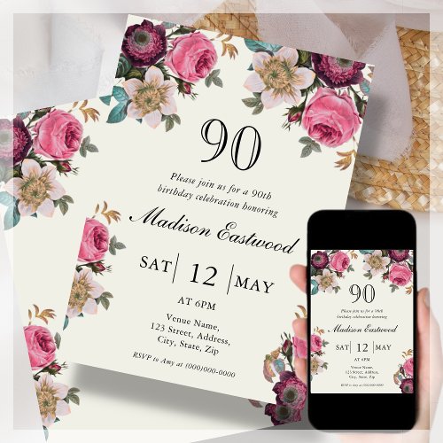 Vintage Floral 90th Birthday Invitation