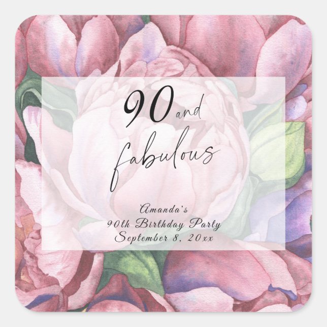 Vintage Floral 90th Birthday Party  Square Sticker (Front)