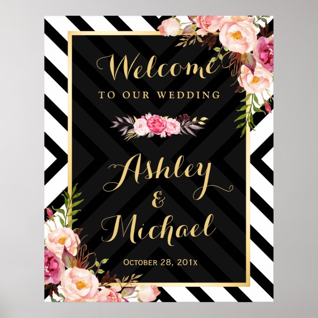 Vintage Floral Abstract Lines Pattern Wedding Sign (Front)