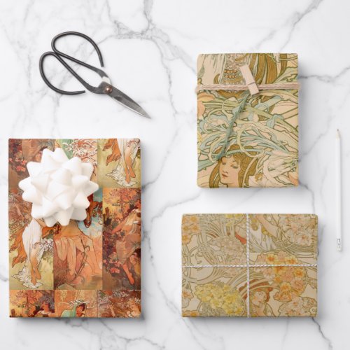 Vintage Floral Alphonse Mucha Art Nouveau Brown Wrapping Paper Sheets