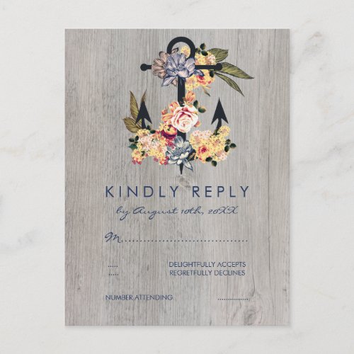 Vintage Floral Anchor  Elegant Wedding RSVP Invitation Postcard