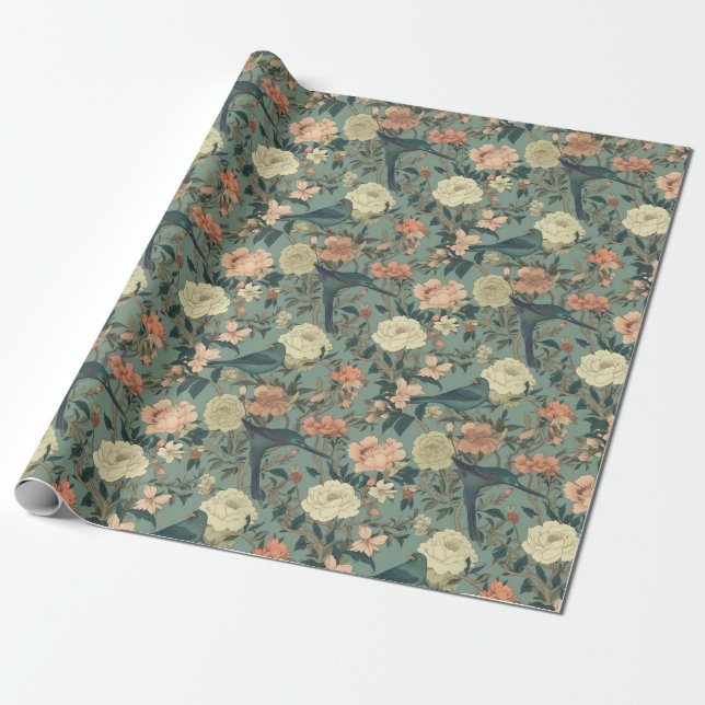Vintage Floral and Birds Wrapping paper (Unrolled)