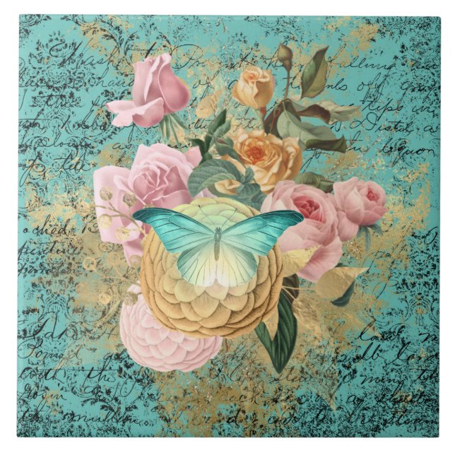 Vintage Floral and Butterfly Bouquet Ceramic Tile (Front)
