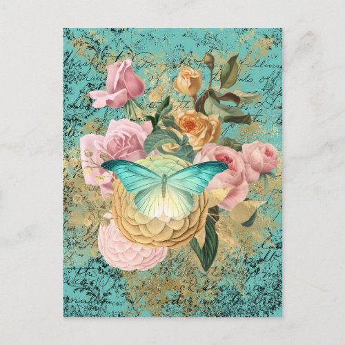 Vintage Floral and Butterfly Bouquet Postcard