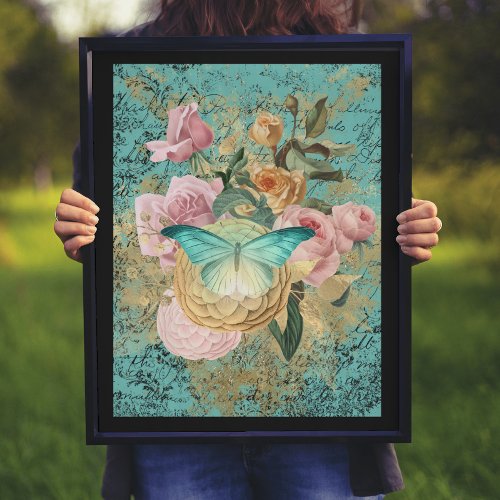 Vintage Floral and Butterfly Bouquet Poster