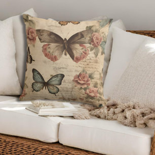 Vintage Floral and Butterfly Throw Pillow