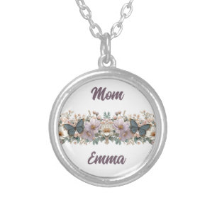 Vintage Floral and Green Butterfly for Mom Silver Plated Necklace