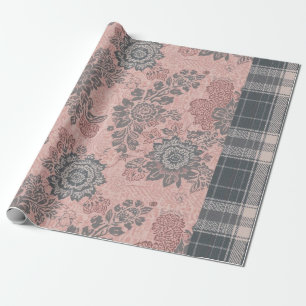 Vintage Floral and Plaid Mixed Pattern Wrapping Paper