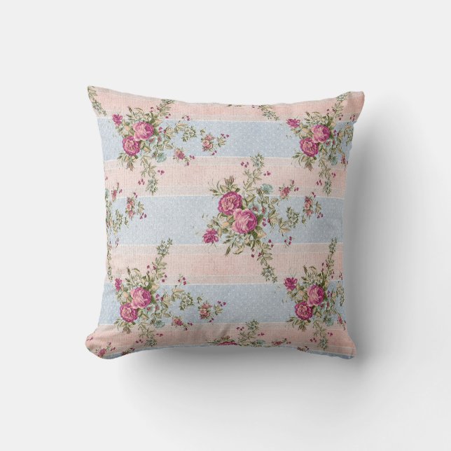 Vintage Floral and Stripes Throw Pillow (Front)
