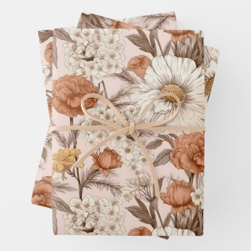 Vintage Floral Antique Blush Peach Boho Wildflower Wrapping Paper Sheets