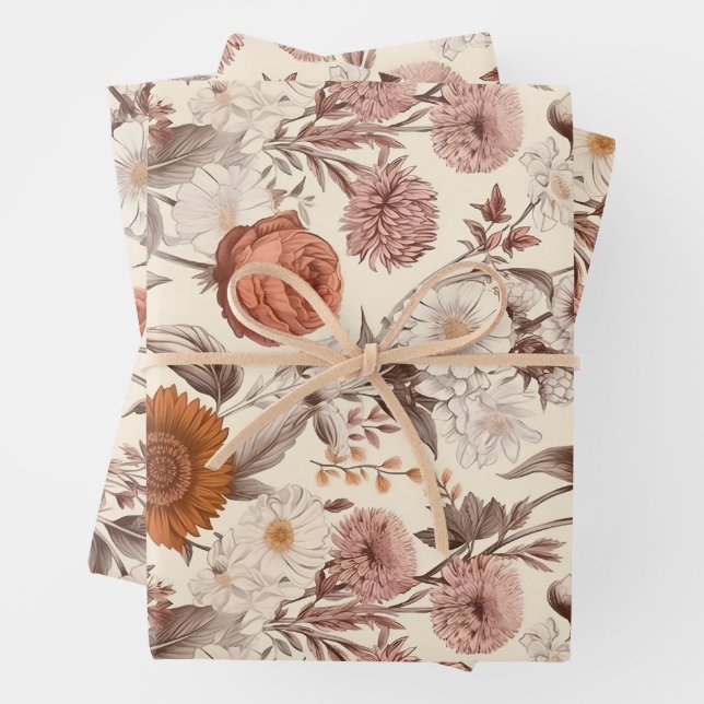 Vintage Floral Antique Cream Blush Boho Wildflower Wrapping Paper Sheets (In situ)