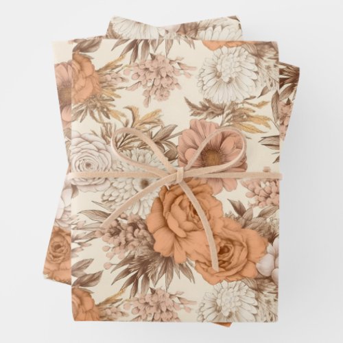 Vintage Floral Antique Cream Peach Boho Wildflower Wrapping Paper Sheets