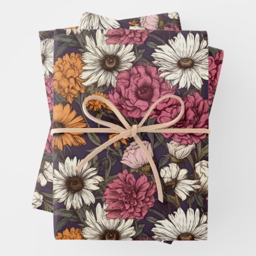 Vintage Floral Antique Navy Blue Pink Flowers Wrapping Paper Sheets