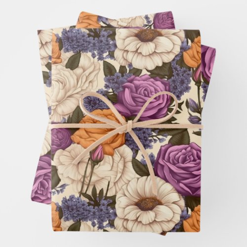 Vintage Floral Antique Orange Purple Cream Flowers Wrapping Paper Sheets