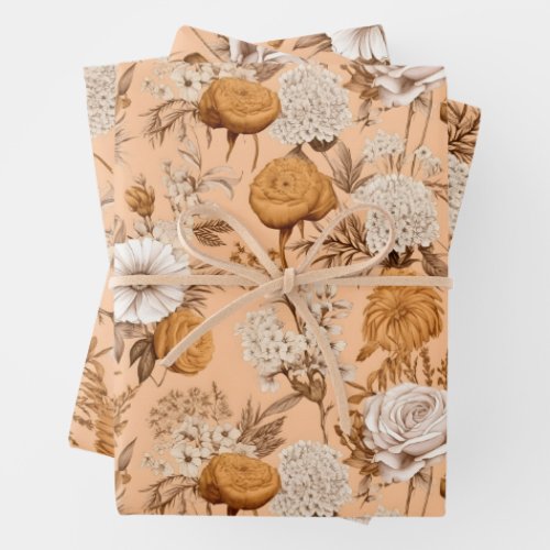 Vintage Floral Antique Peach Cream Boho Wildflower Wrapping Paper Sheets