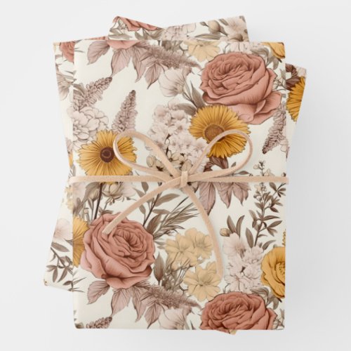 Vintage Floral Antique Peach Pink Boho Wildflower Wrapping Paper Sheets