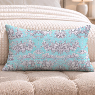 Vintage floral aqua blue toile de jouy lumbar pillow