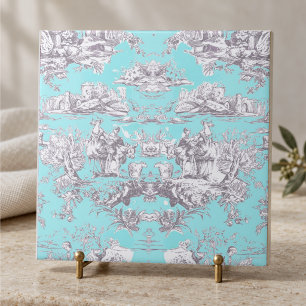 Vintage floral aqua blue toile de jouy monogram ceramic tile