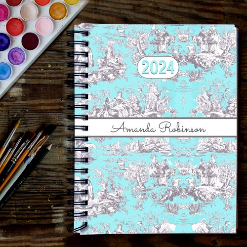 Vintage floral aqua blue toile de jouy monogram planner