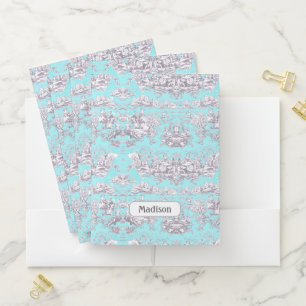 Vintage floral aqua blue toile de jouy monogram pocket folder