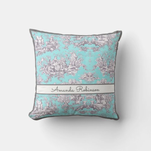 Vintage floral aqua blue toile de jouy monogram throw pillow