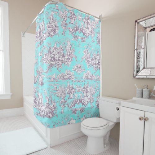 Vintage floral aqua blue toile de jouy shower curtain