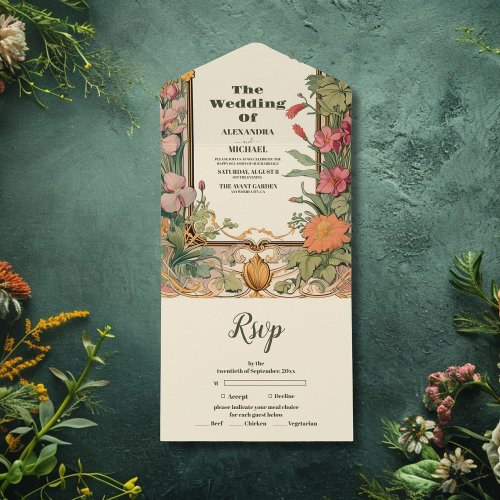Vintage Floral Art Nouveau Wedding All In One Invitation