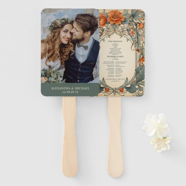 Vintage Floral Art Nouveau Wedding Hand Fan (Front and Back)